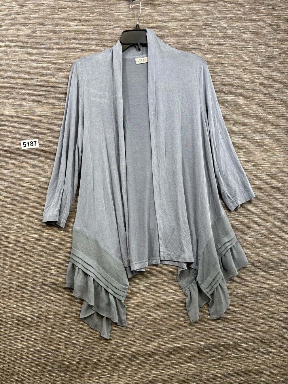 LOGO by Lori Goldstein Petite Knit Cardigan with Pleated Chiffon Size MP Gray